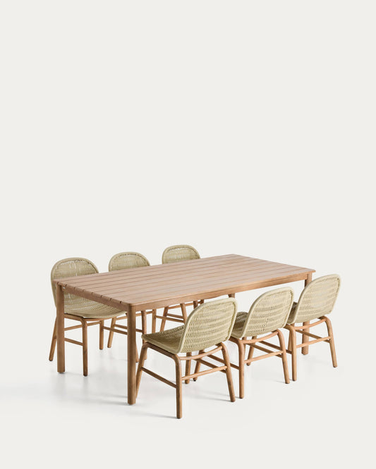 Set di tavolo Sori in legno massiccio di acacia e 6 sedie Alipa in legno massiccio di acacia e corda écru 200 x 100 cm