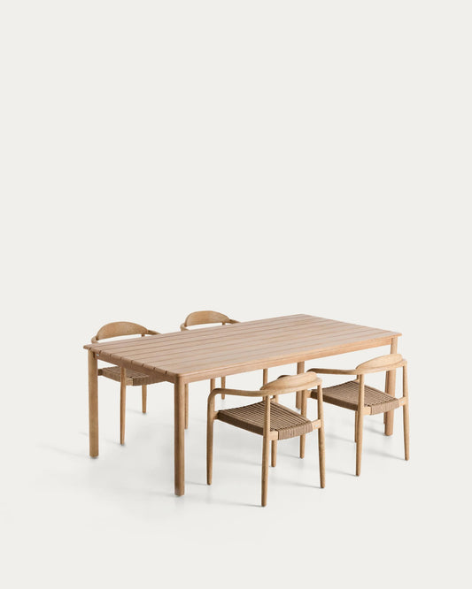 Set composto da tavolo Sori in legno massiccio di acacia e 4 sedie impilabili Nina in legno massiccio di acacia e corda beige 200 x 100 cm