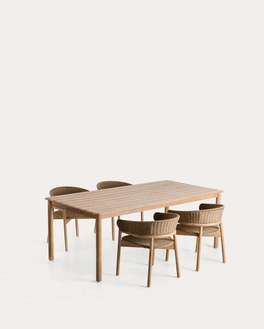 Set composto da tavolo Sori in legno massiccio di acacia e 4 sedie Arinella in legno massiccio di acacia e corda beige 200 x 100 cm