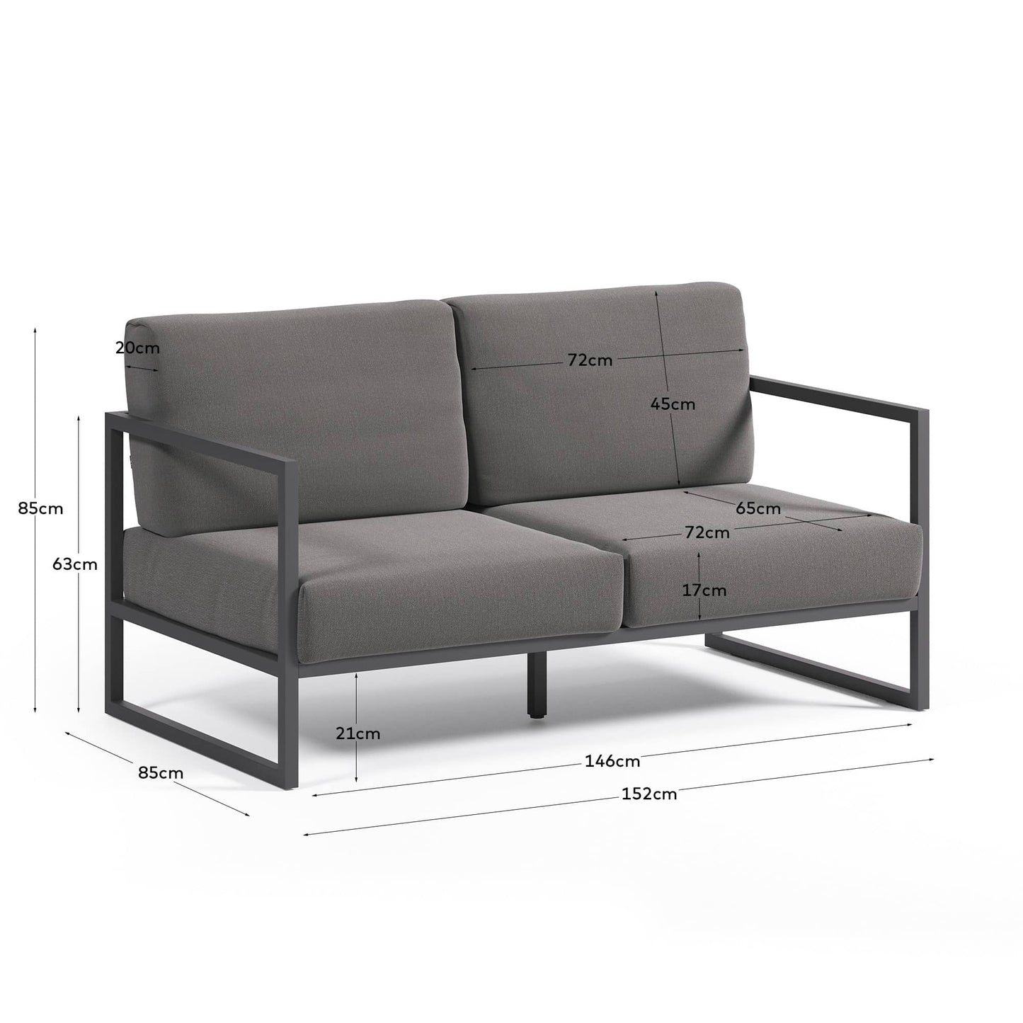 Divano da esterno Comova 2 posti grigio scuro ed alluminio nero 150 cm