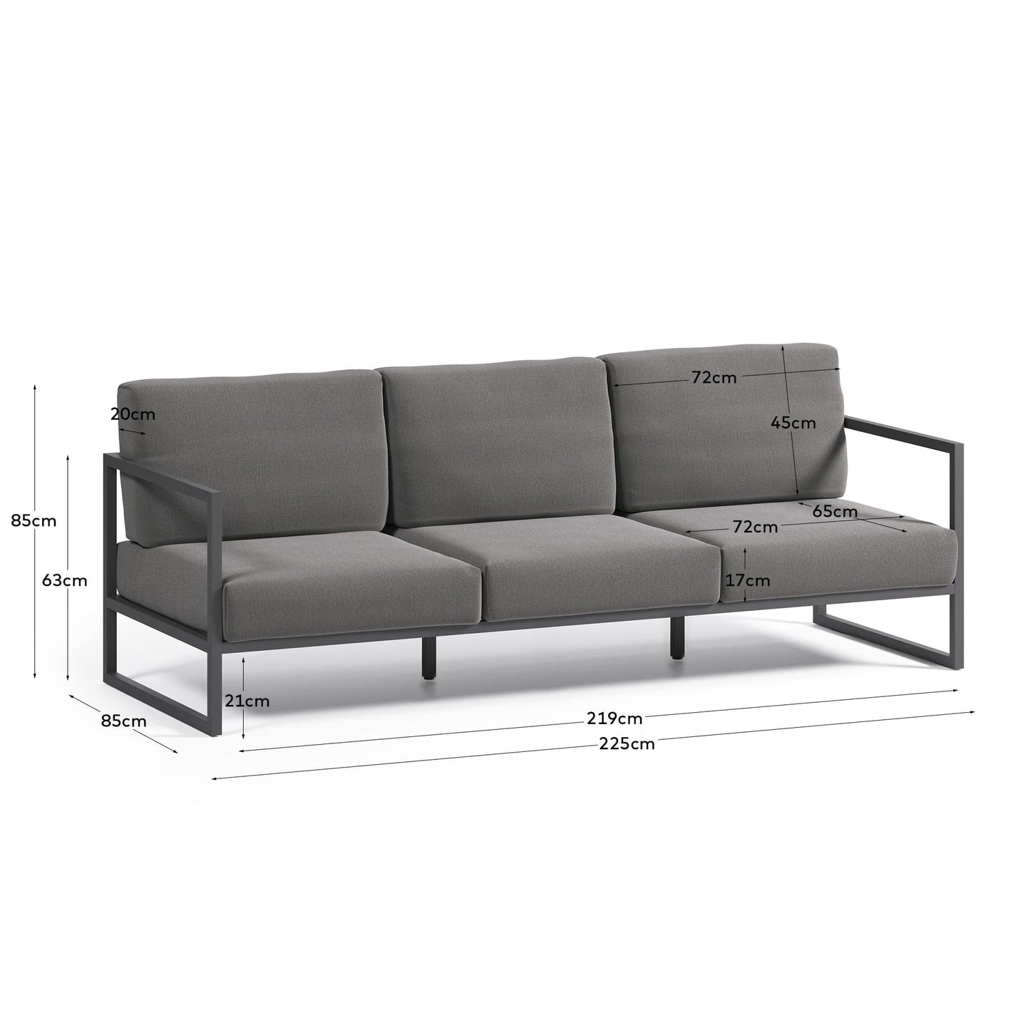 Divano da esterno Comova 3 posti grigio scuro ed alluminio nero 222 cm