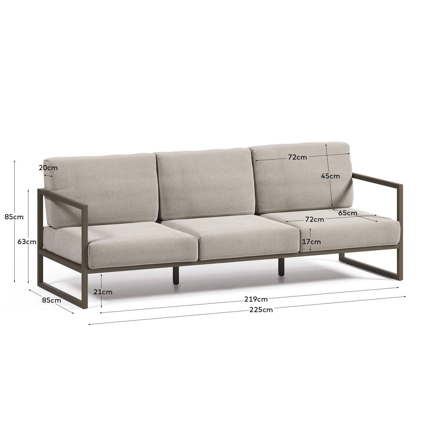 Divano da esterno Comova 3 posti grigio chiaro ed alluminio verde 222 cm