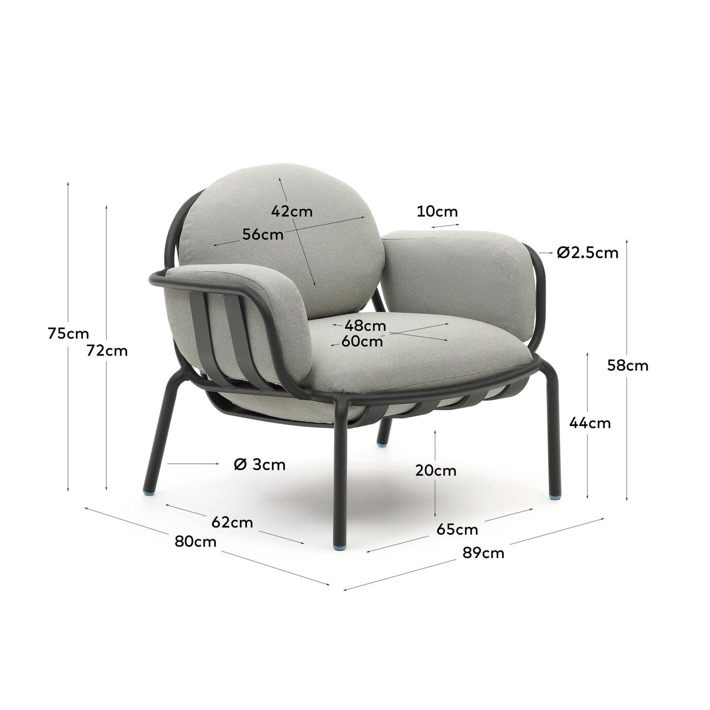 Poltrona da esterno Joncols con rivestimento grigio con struttura in alluminio e finitura verde