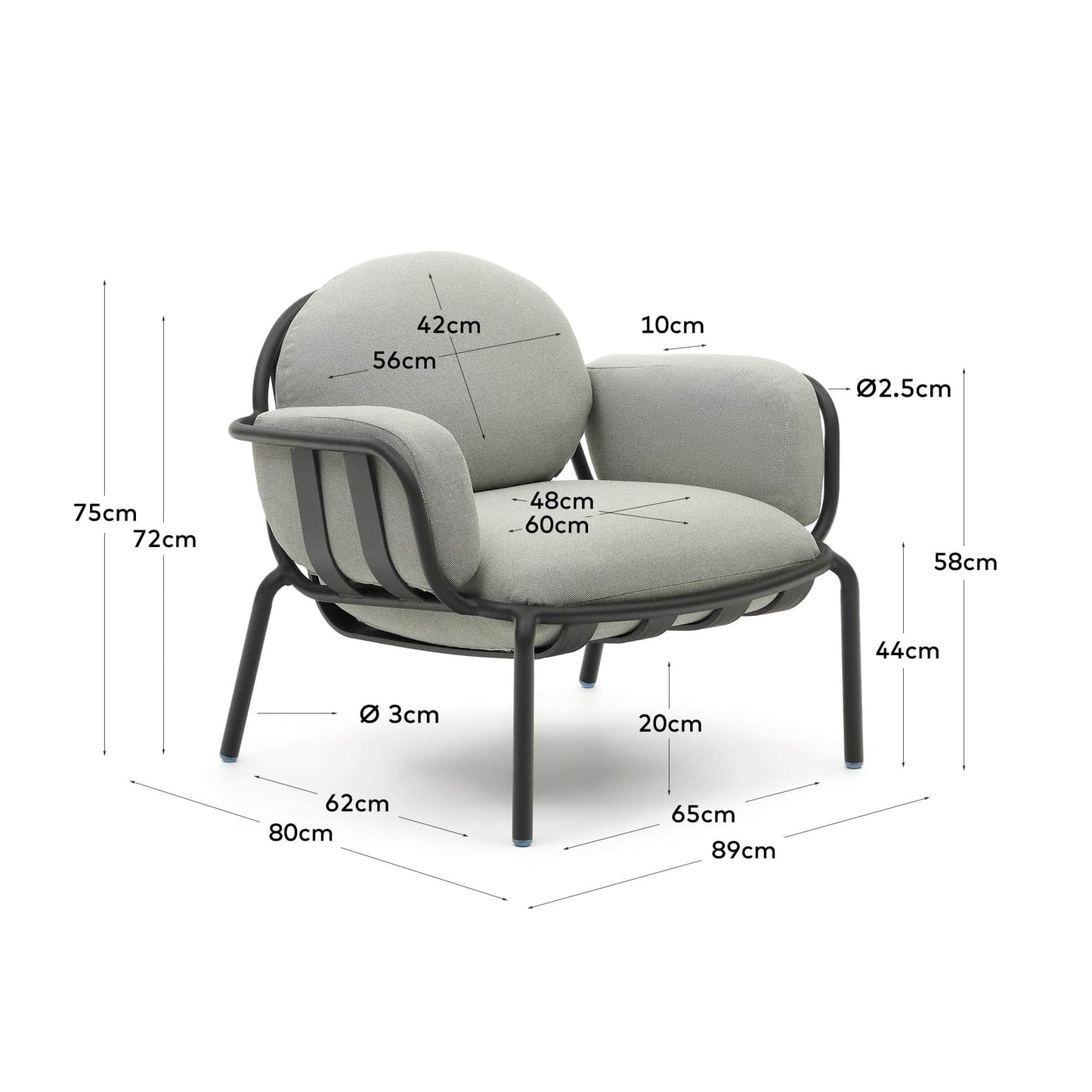 Poltrona da esterno Joncols con rivestimento grigio con struttura in alluminio e finitura verde