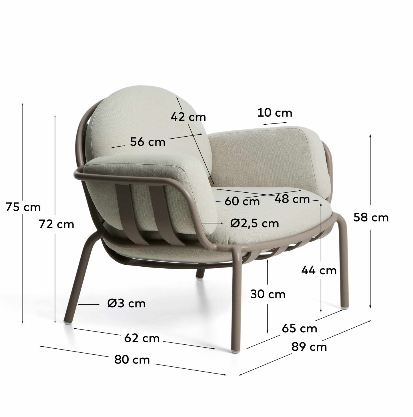 Poltrona da esterno Joncols in alluminio con finitura verniciata tortora e cuscini beige