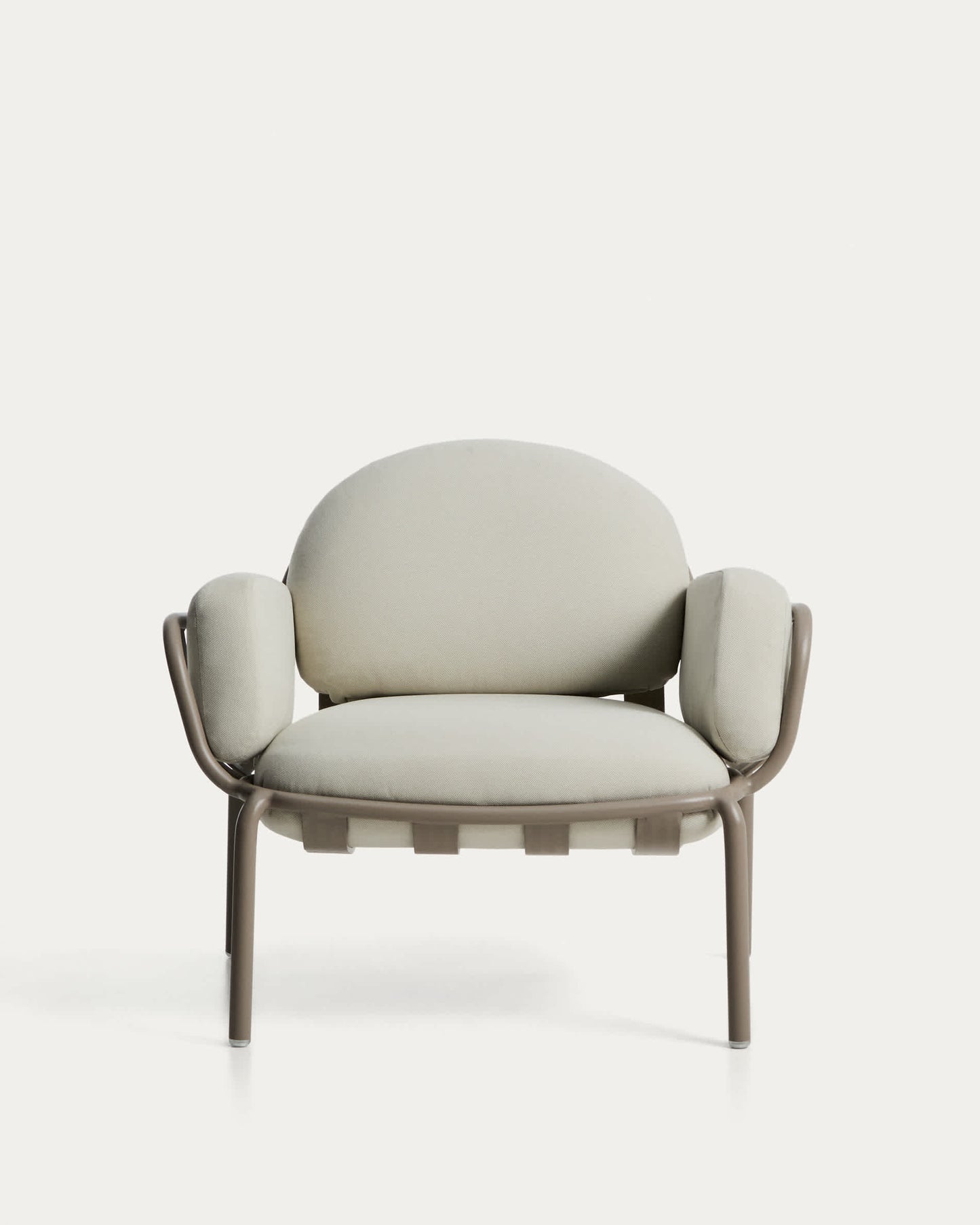 Poltrona da esterno Joncols in alluminio con finitura verniciata tortora e cuscini beige