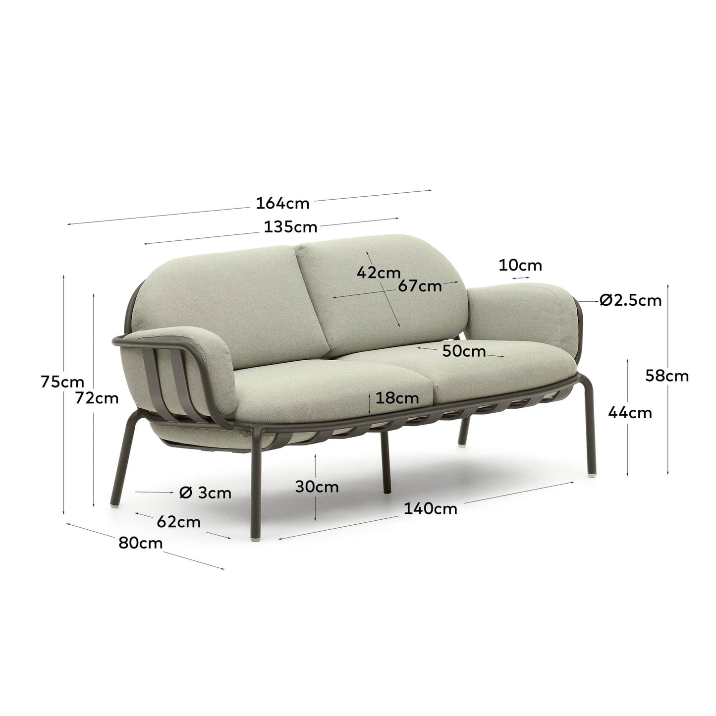 Divano da esterno Joncols 2 posti in alluminio con finitura verniciata grigia e cuscini beige 164 cm