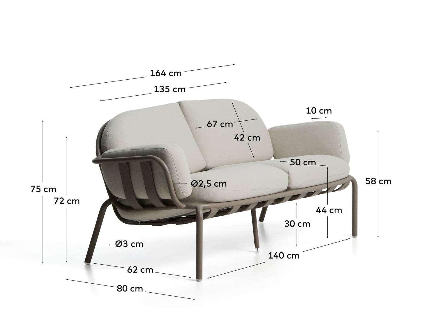Divano da esterno Joncols 2 posti in alluminio con finitura verniciata tortora e cuscini beige 164 cm