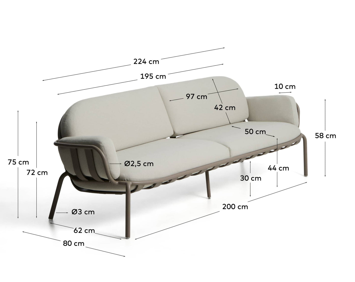 Divano da esterno Joncols 3 posti in alluminio con finitura verniciata tortora e cuscini beige 224 cm