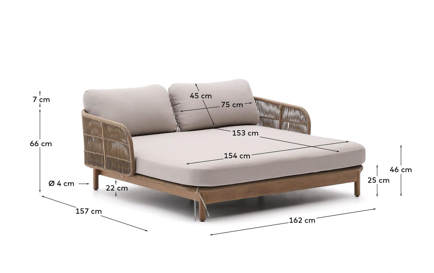 Lettino doppio Catalina in corda beige e 100% legno massiccio di acacia