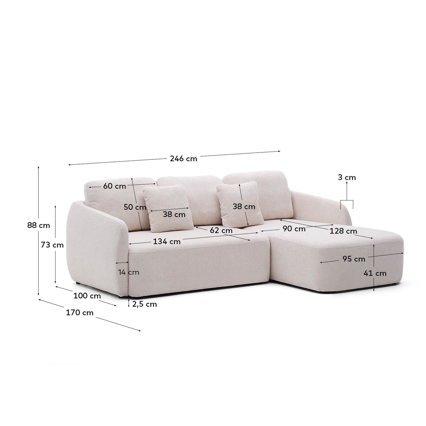 Divano letto Laira a 3 posti in ciniglia con chaise longue destra écru 246 cm