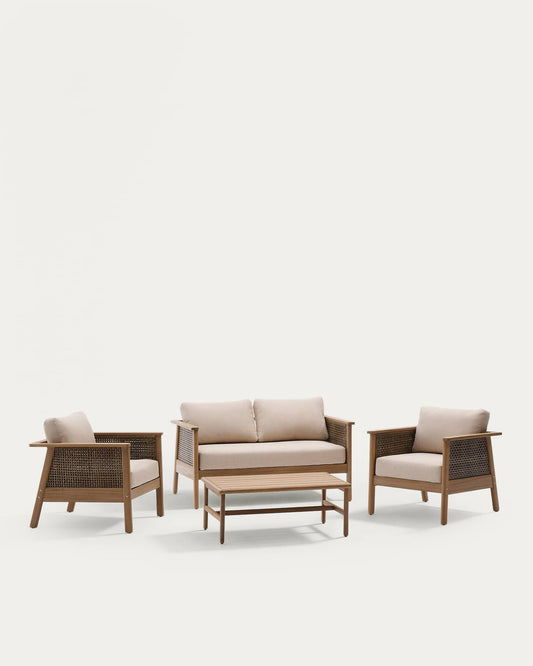 Set Alabe composto da divano a 2 posti, 2 poltrone e tavolino da salotto in legno di acacia FSC 100%