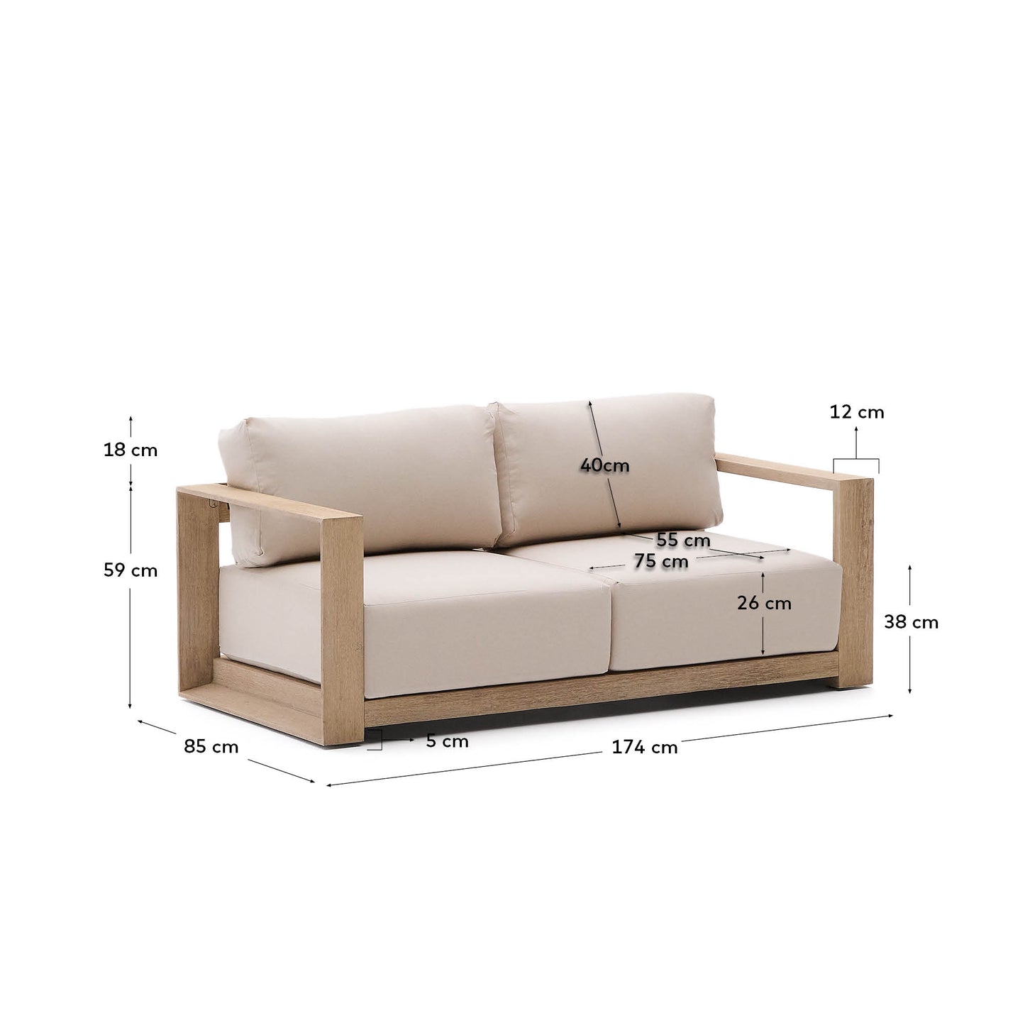 Divano Ambra a 2 posti in legno massiccio di acacia con finitura chiara 174 cm