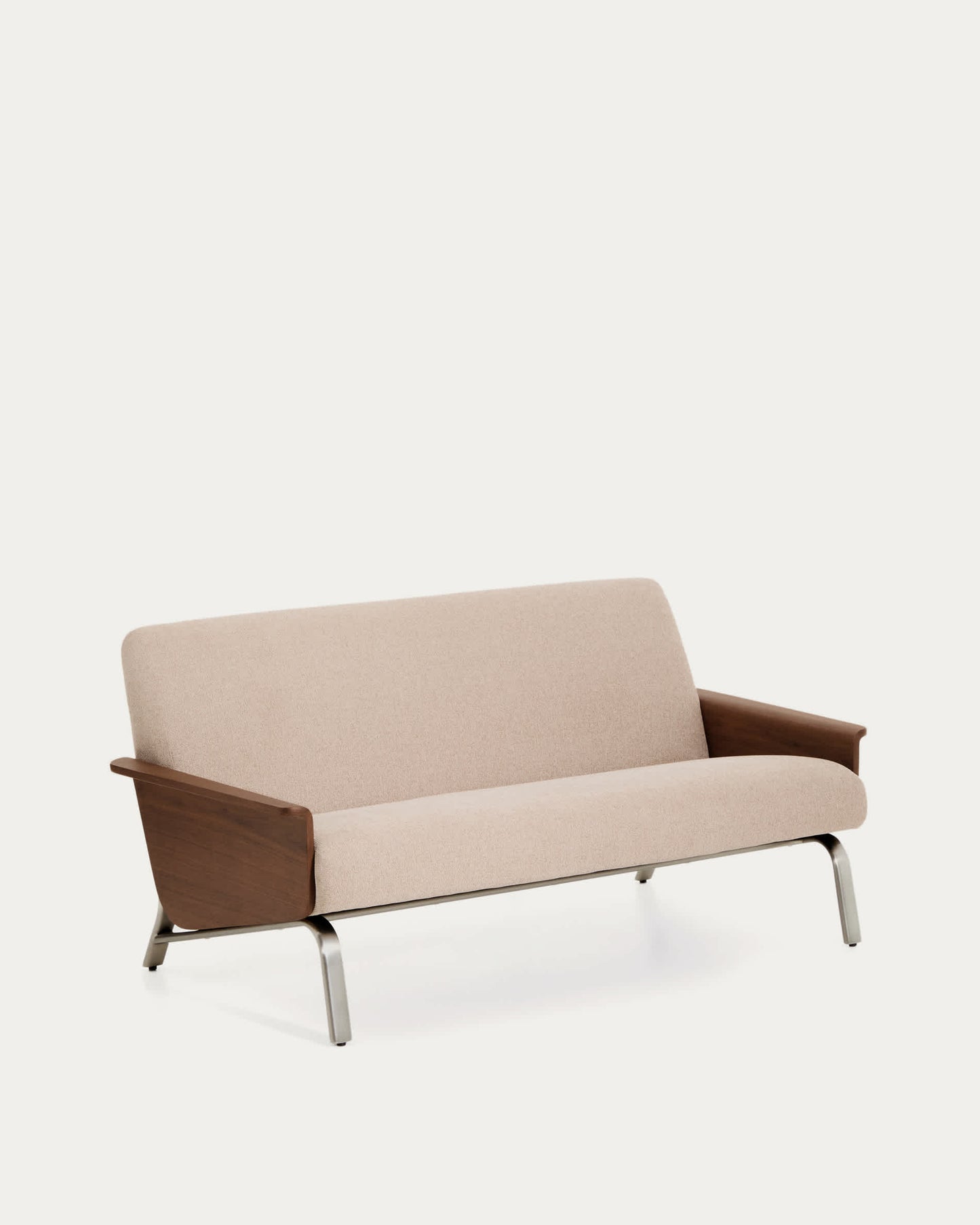 Divano Amsen 2 posti marrone chiaro in compensato di noce con gambe in acciaio inox spazzolato 165 cm