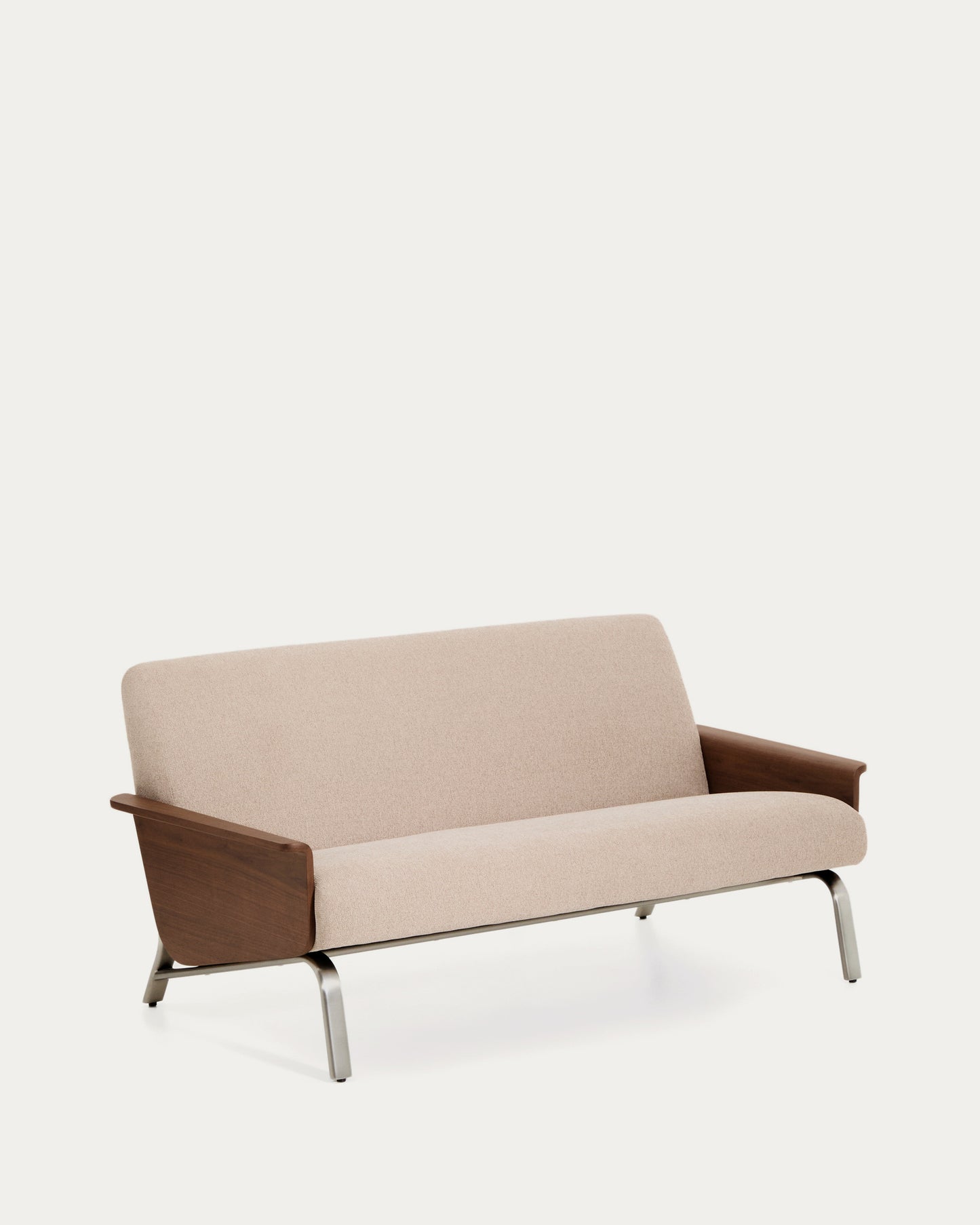 Divano Amsen 2 posti marrone chiaro in compensato di noce con gambe in acciaio inox spazzolato 165 cm