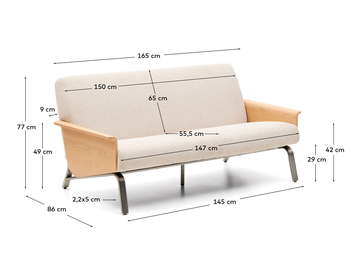 Divano Amsen 2 posti beige in compensato di rovere beige con gambe in acciaio inox spazzolato 165 cm