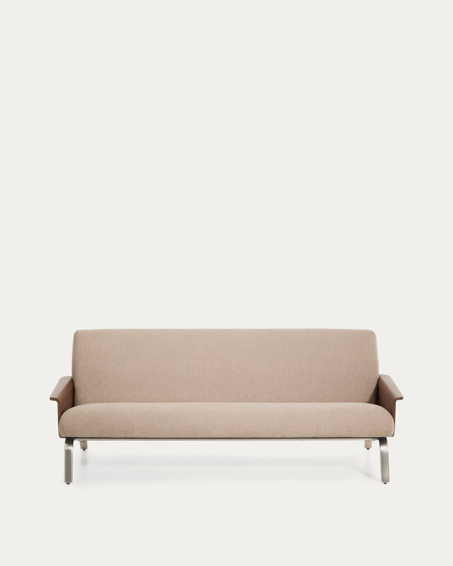 Divano Amsen 3 posti marrone chiaro in compensato di noce con gambe in acciaio inox spazzolato 205 cm