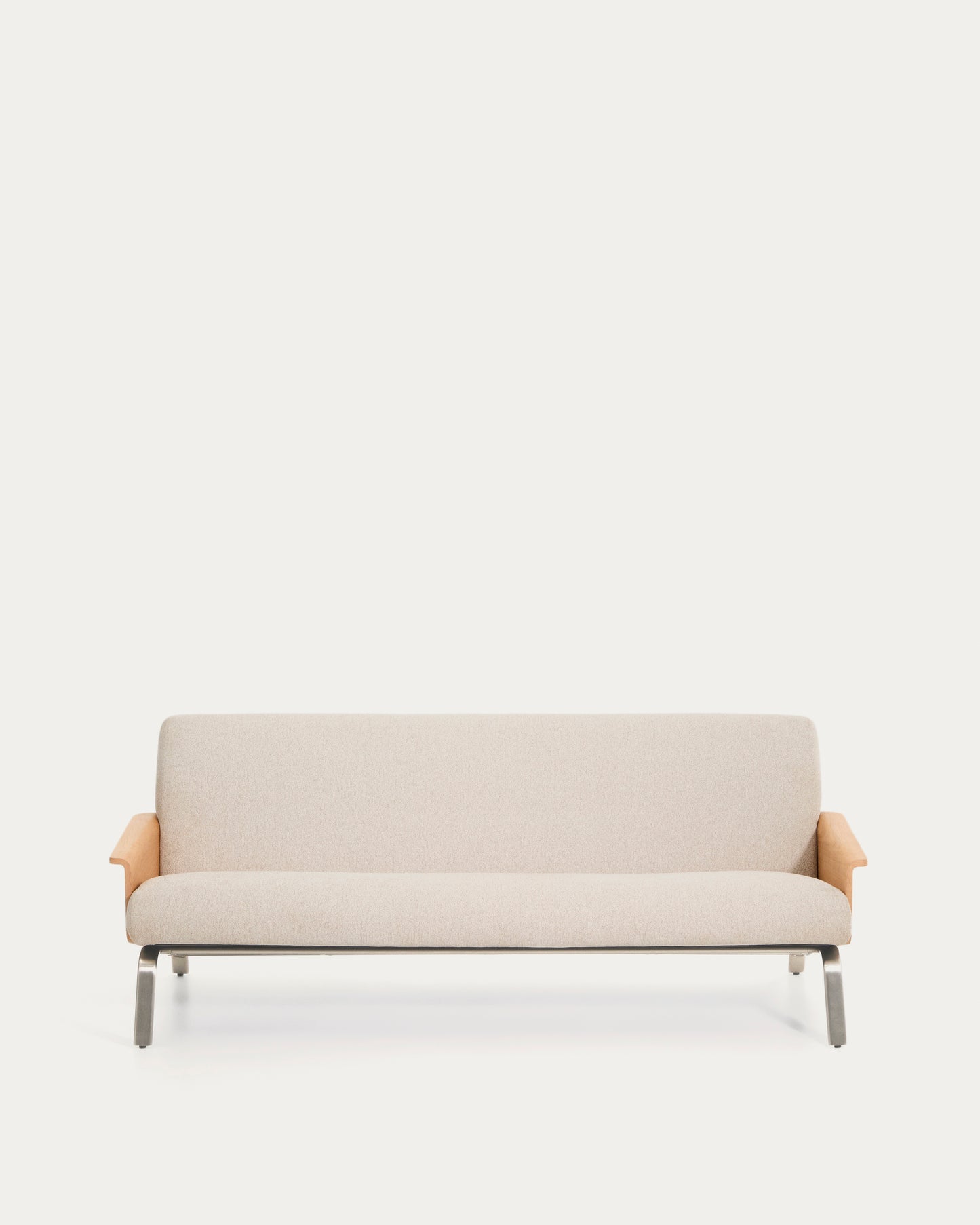 Divano Amsen 3 posti in ciniglia beige, in compensato di rovere beige con gambe in acciaio inox spazzolato 205 cm