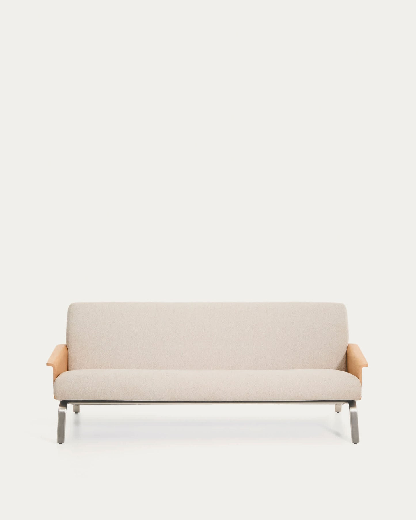 Divano Amsen 3 posti in ciniglia beige, in compensato di rovere beige con gambe in acciaio inox spazzolato 205 cm