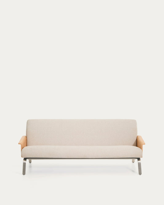 Divano Amsen 3 posti in ciniglia beige, in compensato di rovere beige con gambe in acciaio inox spazzolato 205 cm