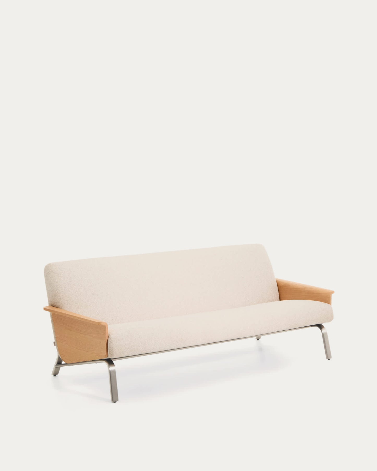 Divano Amsen 3 posti in ciniglia beige, in compensato di rovere beige con gambe in acciaio inox spazzolato 205 cm