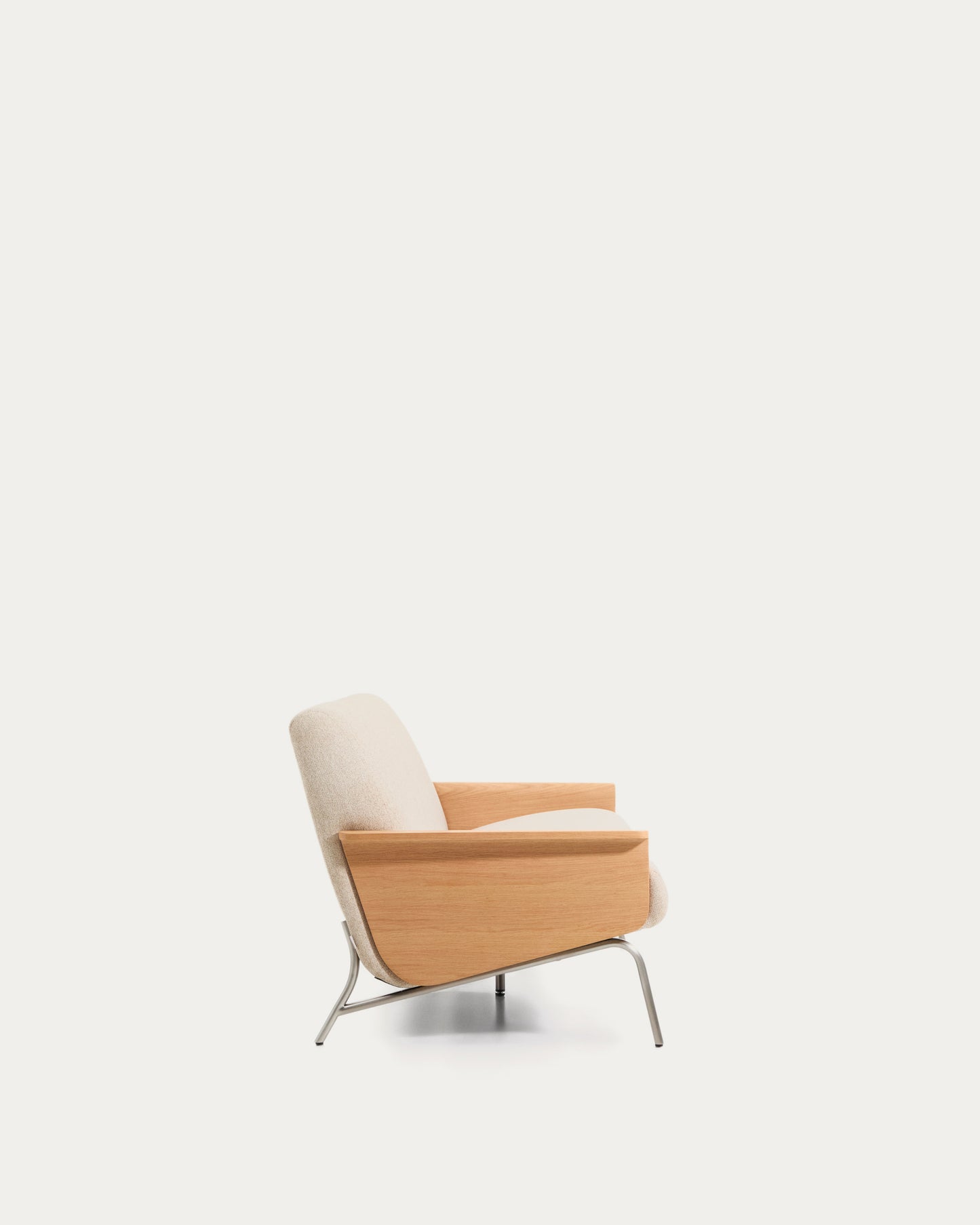 Divano Amsen 3 posti in ciniglia beige, in compensato di rovere beige con gambe in acciaio inox spazzolato 205 cm
