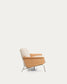 Divano Amsen 3 posti in ciniglia beige, in compensato di rovere beige con gambe in acciaio inox spazzolato 205 cm
