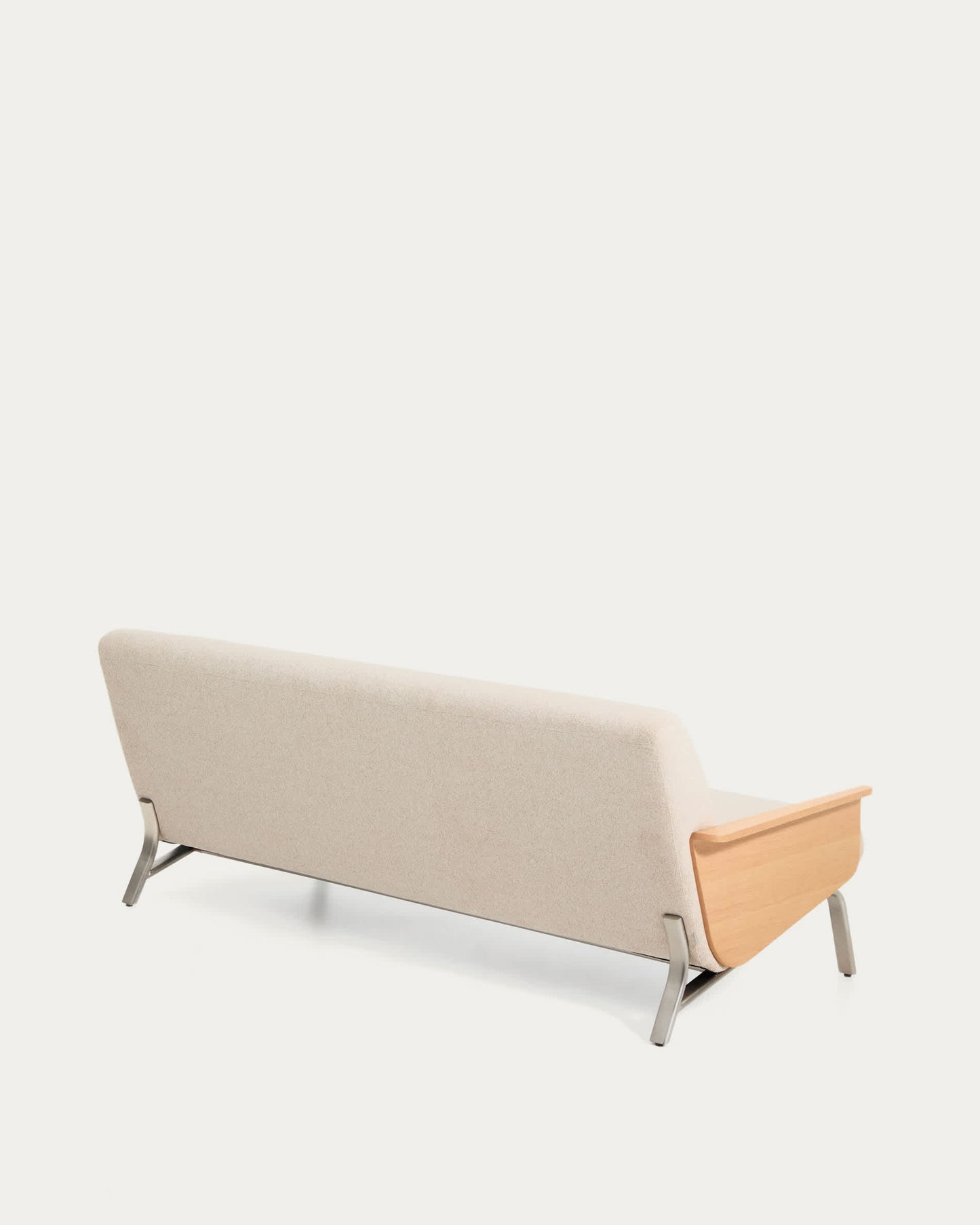 Divano Amsen 3 posti in ciniglia beige, in compensato di rovere beige con gambe in acciaio inox spazzolato 205 cm