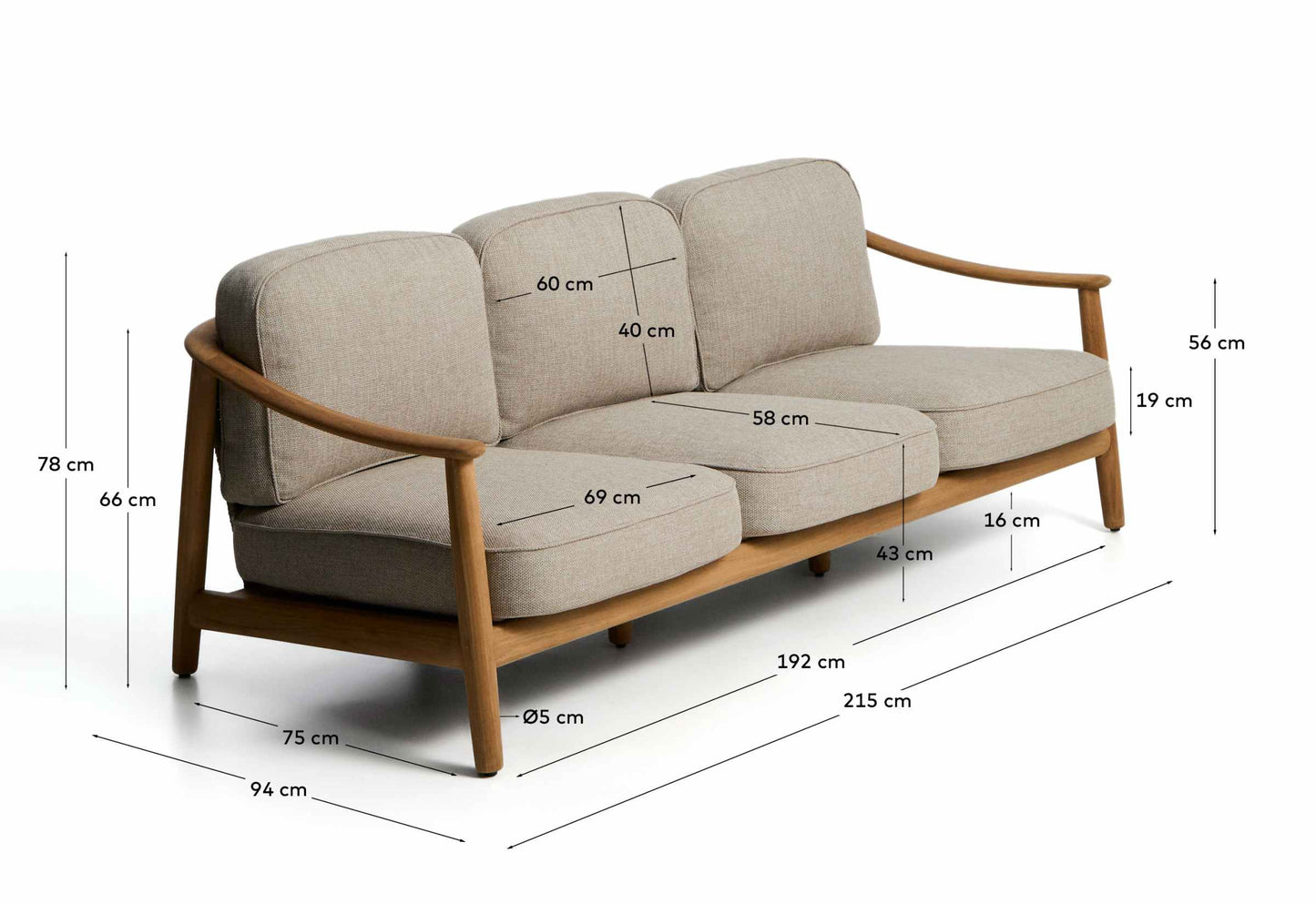 Divano 3 posti da esterno Elunda in teak massiccio FSC 100% 215 cm