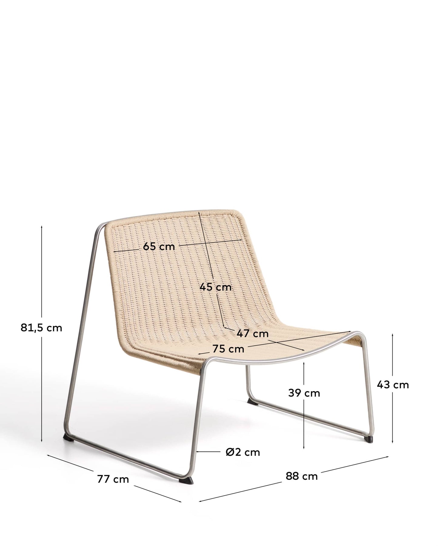 Poltrona impilabile Tavari in corda sintetica beige e acciaio inox spazzolato