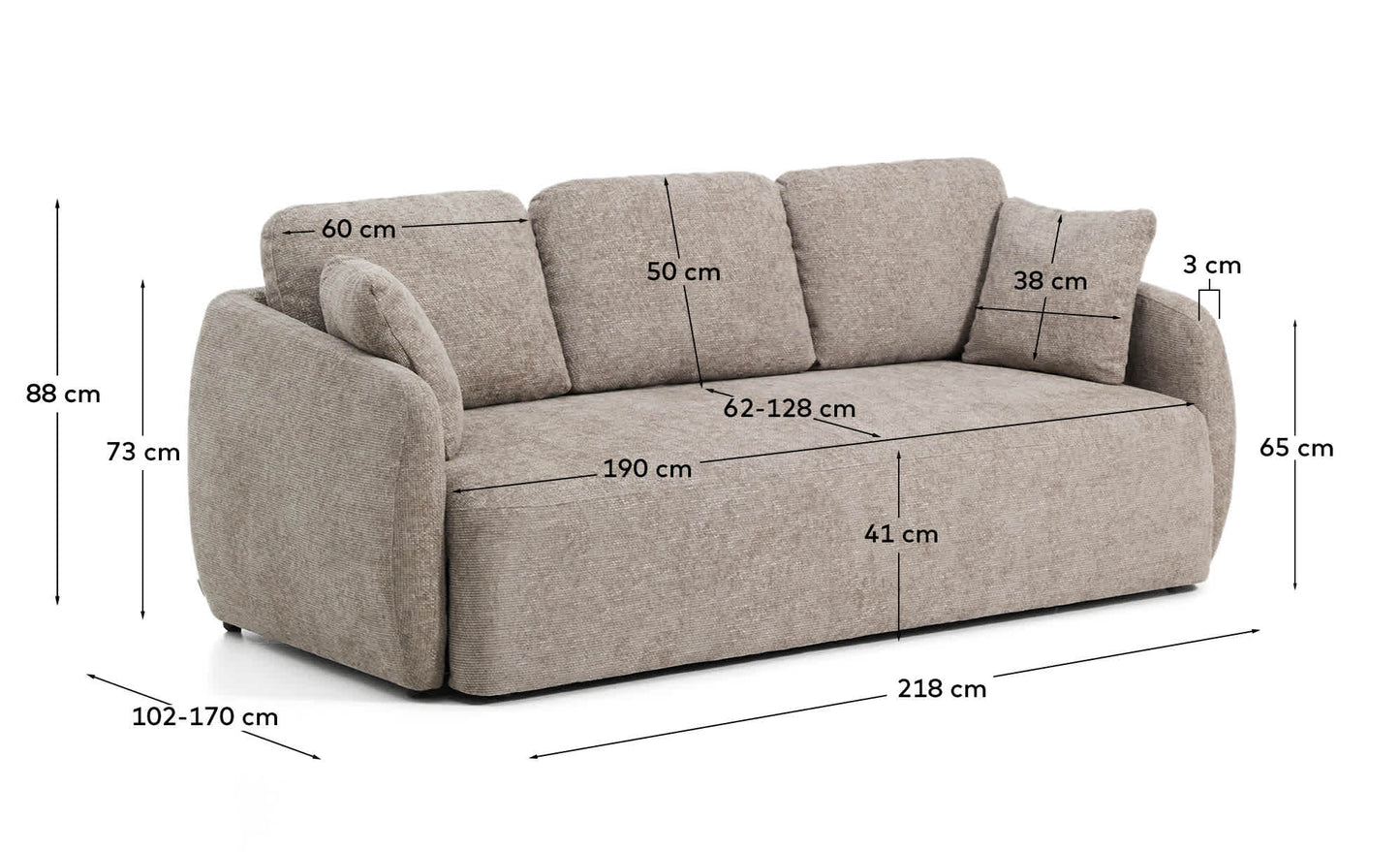 Divano letto Laira 3 posti in ciniglia tortora 218 cm
