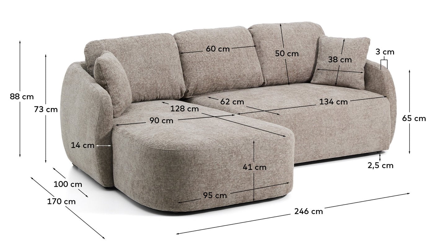 Divano letto Laira 3 posti in ciniglia tortora con chaise longue sinistra 246 cm
