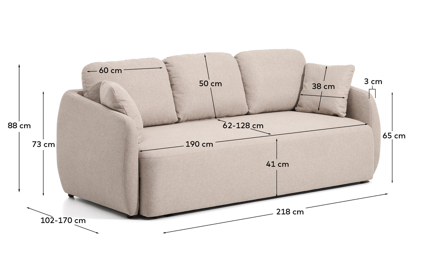 Divano letto Laira 3 posti in ciniglia beige 218 cm