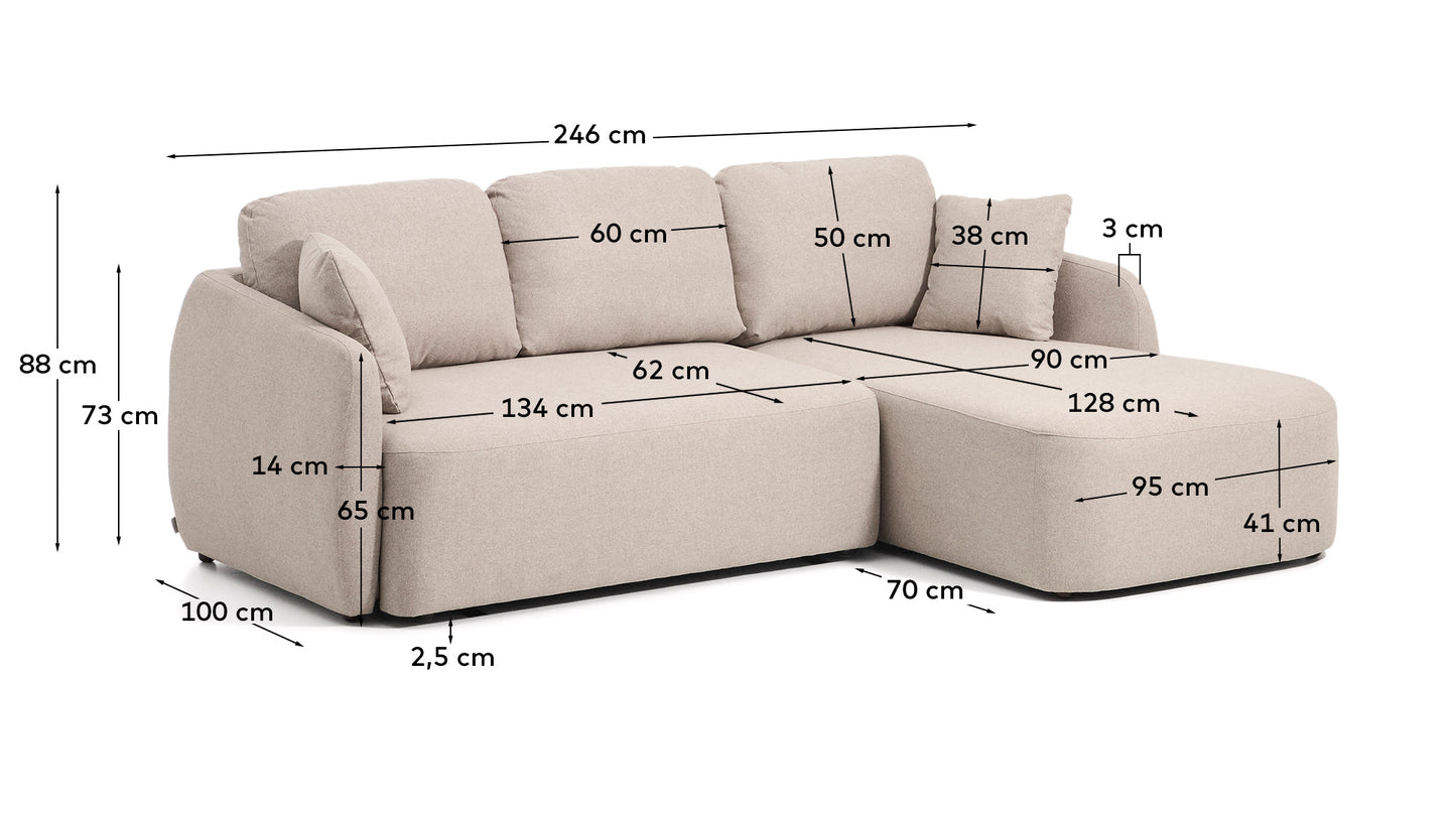 Divano letto Laira 3 posti in ciniglia beige con chaise longue destra 246 cm