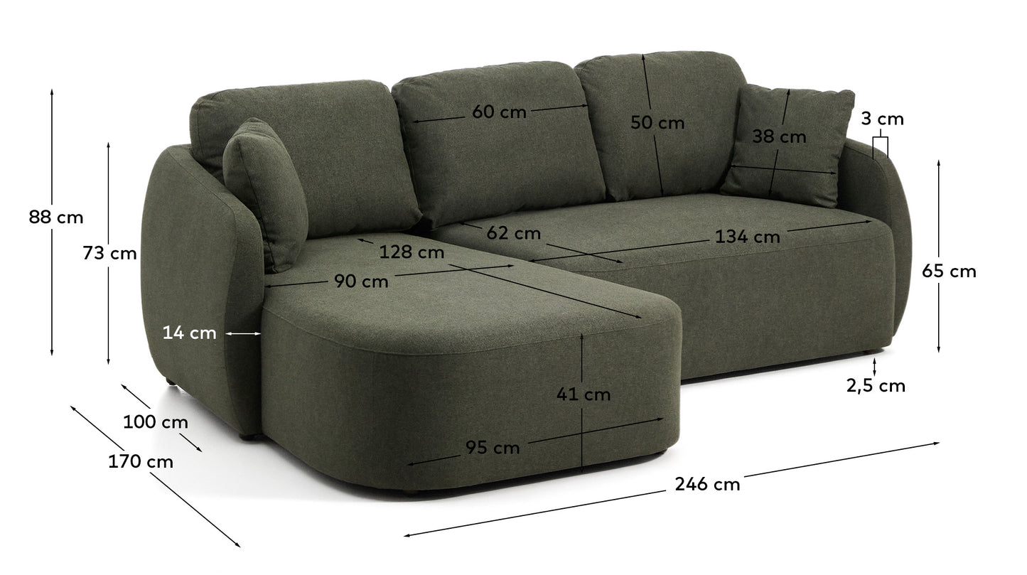 Divano letto Laira 3 posti in ciniglia verde scuro con chaise longue sinistra 246 cm