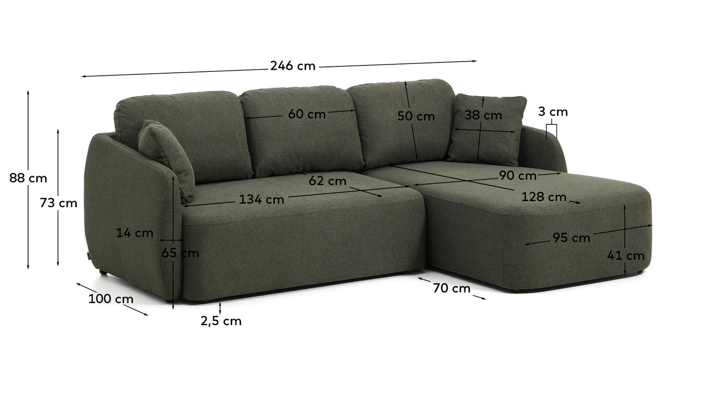 Divano letto Laira 3 posti in ciniglia verde scuro con chaise longue destra 246 cm