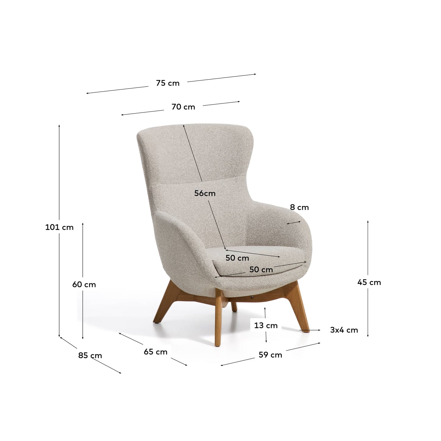 Poltrona Adiran in ciniglia spessa beige con gambe in legno massiccio di rovere con finitura naturale
