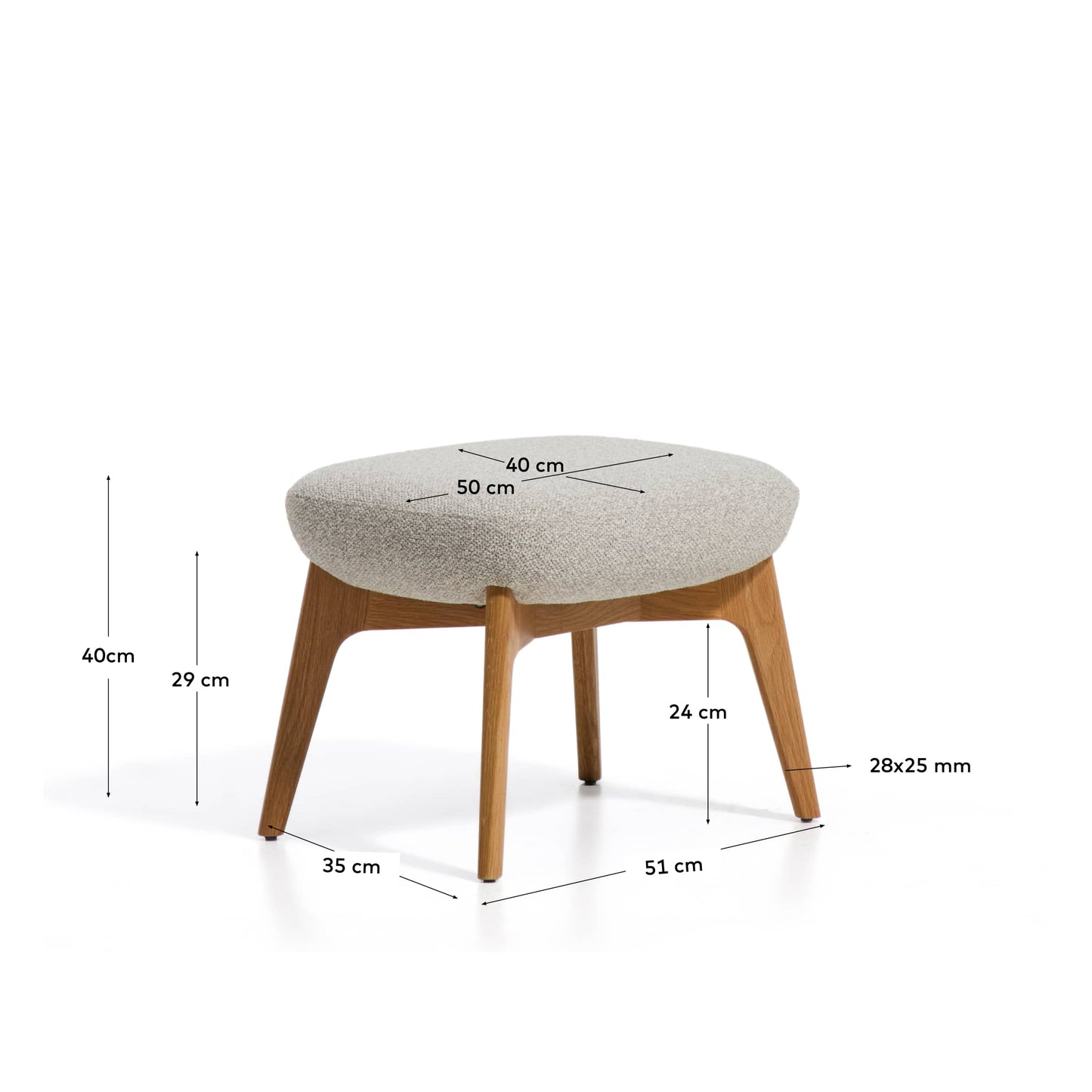 Poggiapiedi Adiran in ciniglia spessa beige con gambe in legno massiccio di rovere con finitura naturale