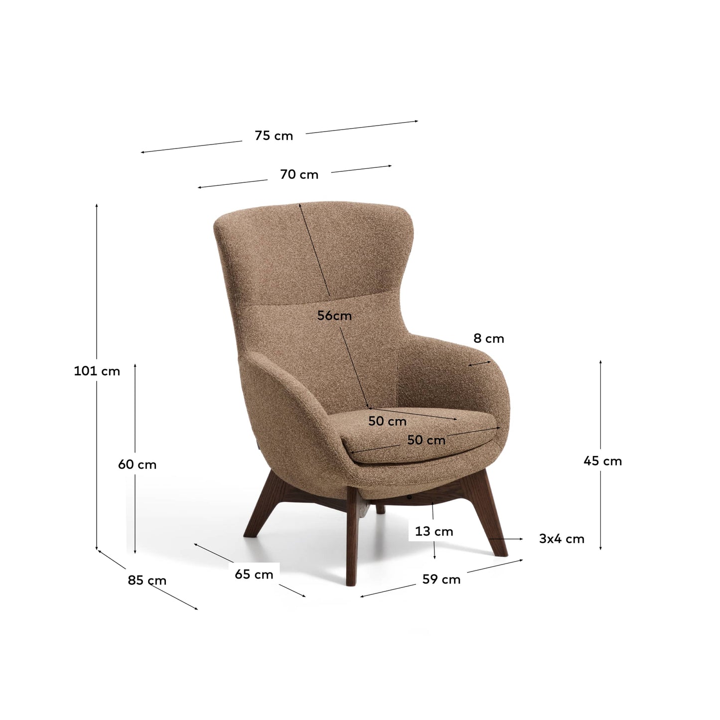 Poltrona Adiran in ciniglia spessa marrone chiaro con gambe in legno massiccio di rovere con finitura noce