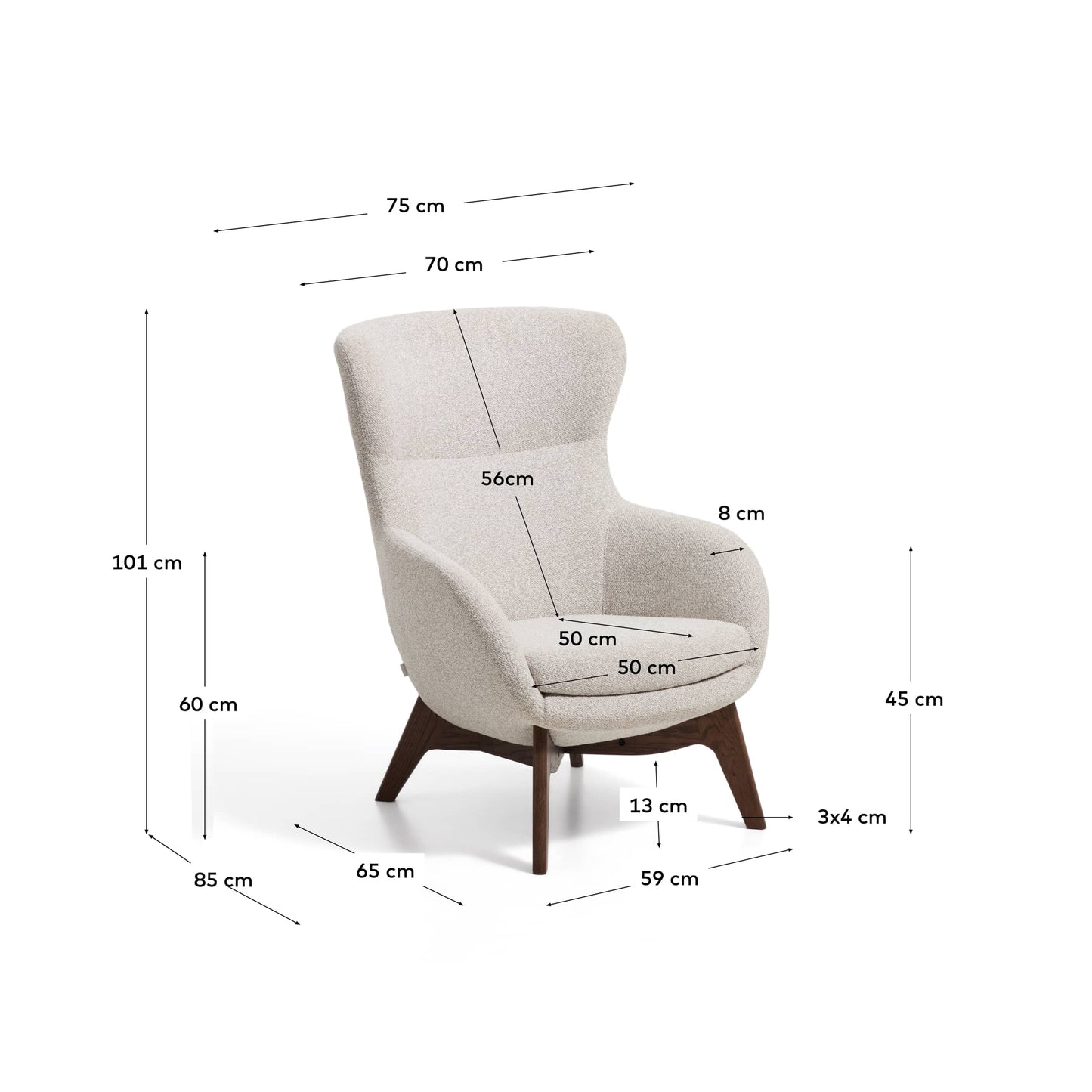 Poltrona Adiran in ciniglia spessa beige con gambe in legno massiccio di rovere con finitura noce