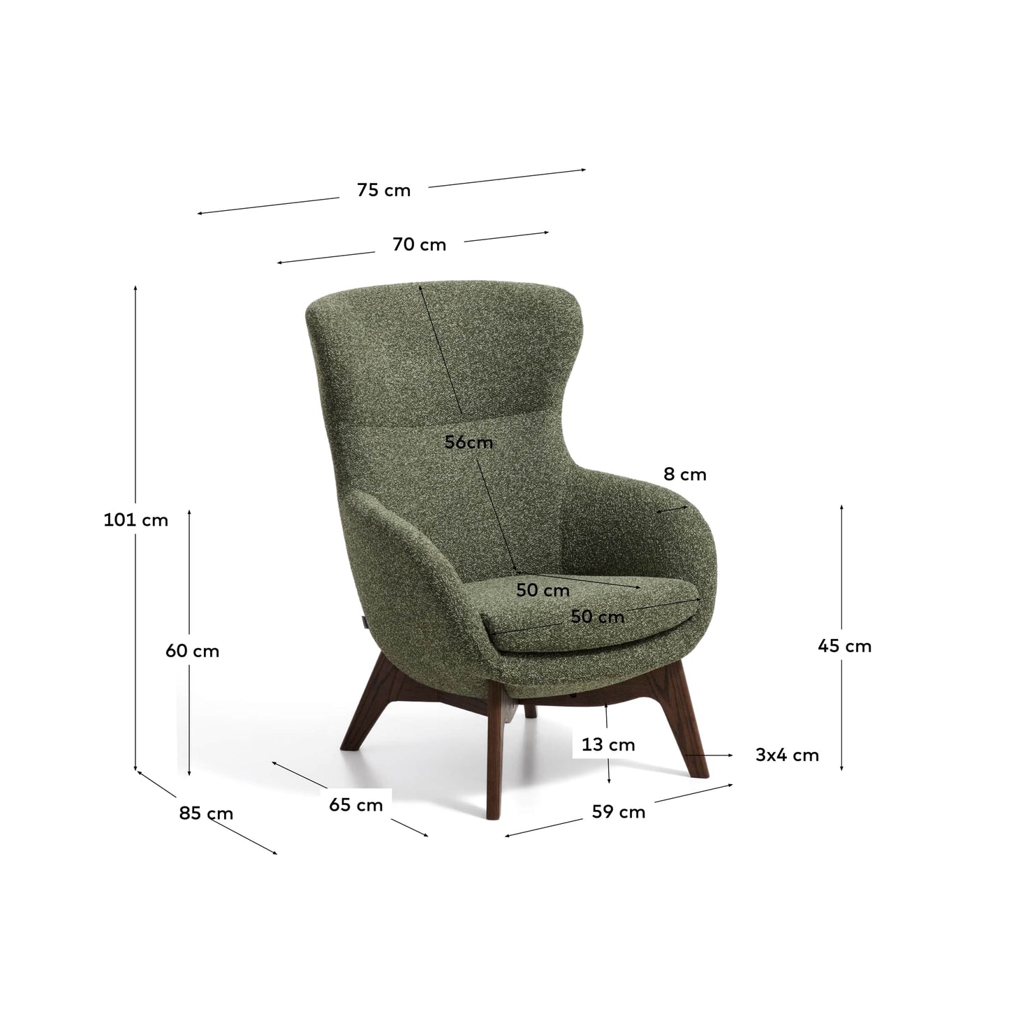 Poltrona Adiran in ciniglia spessa verde muschio con gambe in legno massiccio di rovere con finitura noce