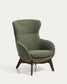 Poltrona Adiran in ciniglia spessa verde muschio con gambe in legno massiccio di rovere con finitura noce