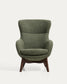 Poltrona Adiran in ciniglia spessa verde muschio con gambe in legno massiccio di rovere con finitura noce