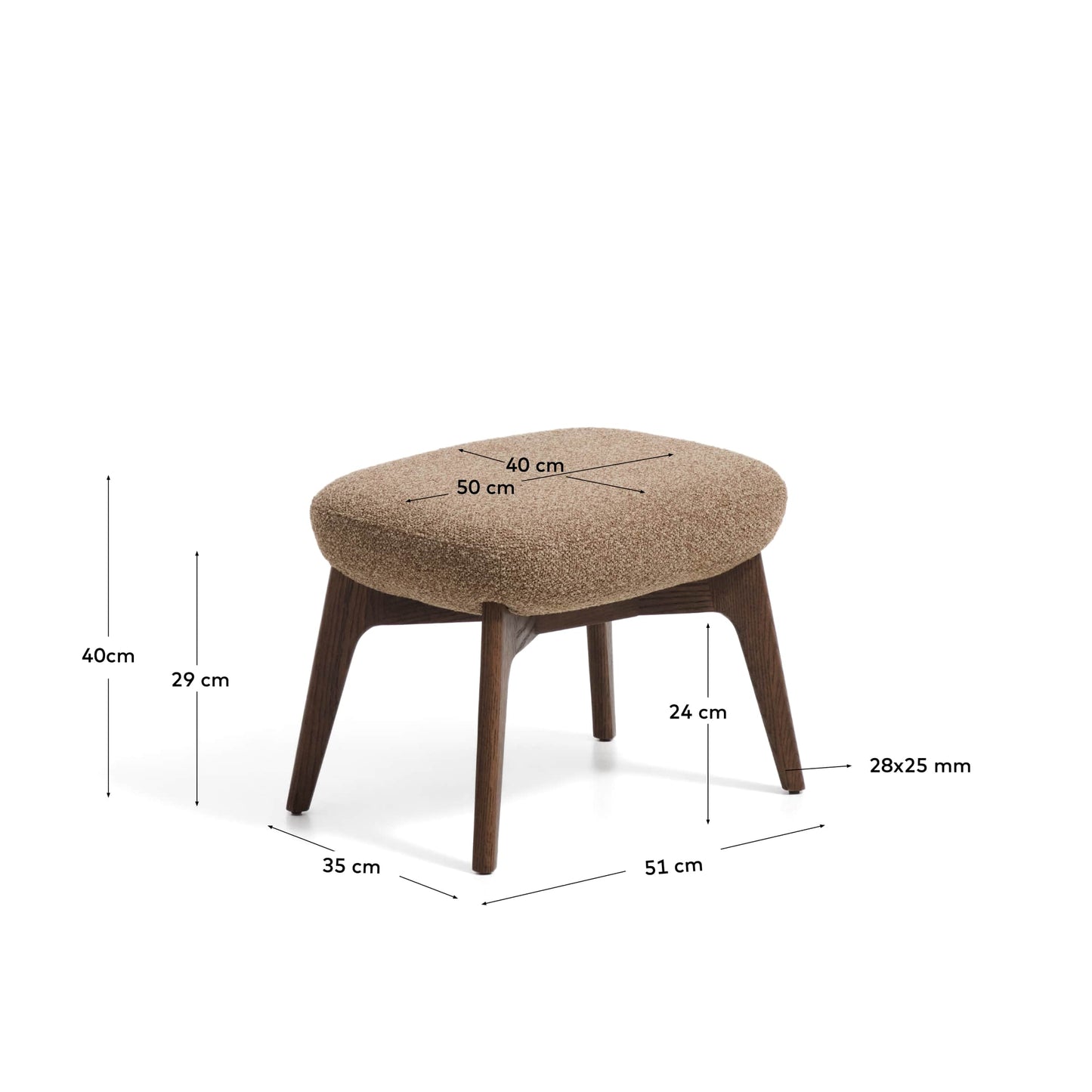 Poggiapiedi Adiran in ciniglia spessa marrone chiaro con gambe in legno massiccio di rovere con finitura noce