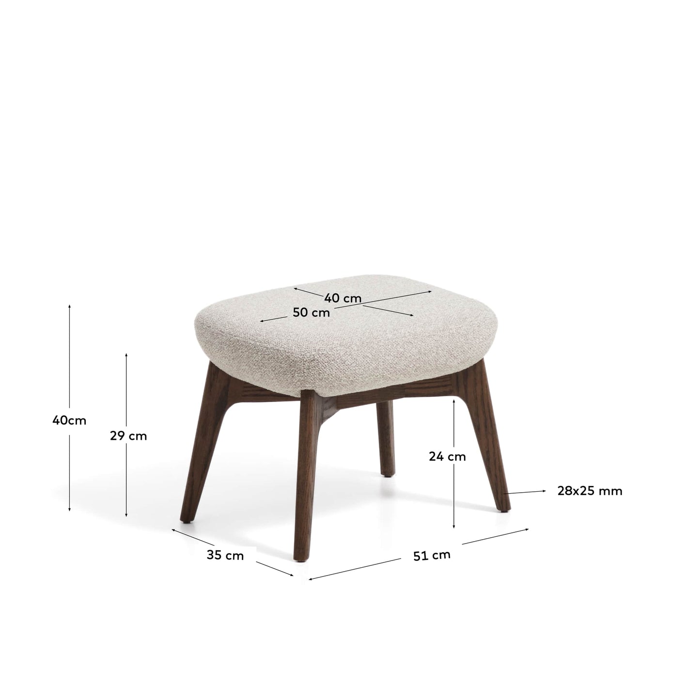 Poggiapiedi Adiran in ciniglia spessa beige con gambe in legno massiccio di rovere con finitura noce