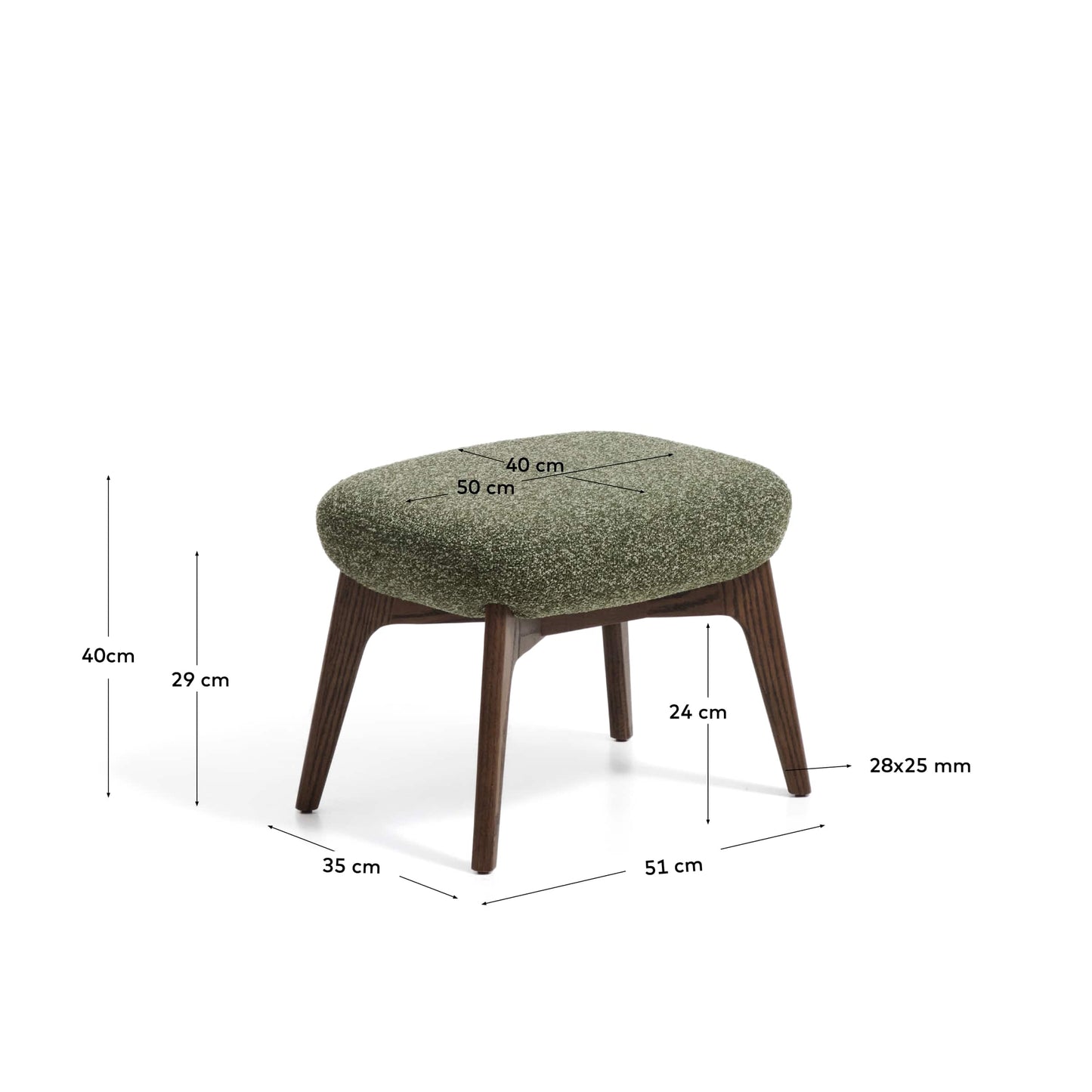 Poggiapiedi Adiran in ciniglia spessa verde muschio con gambe in legno massiccio di rovere con finitura noce