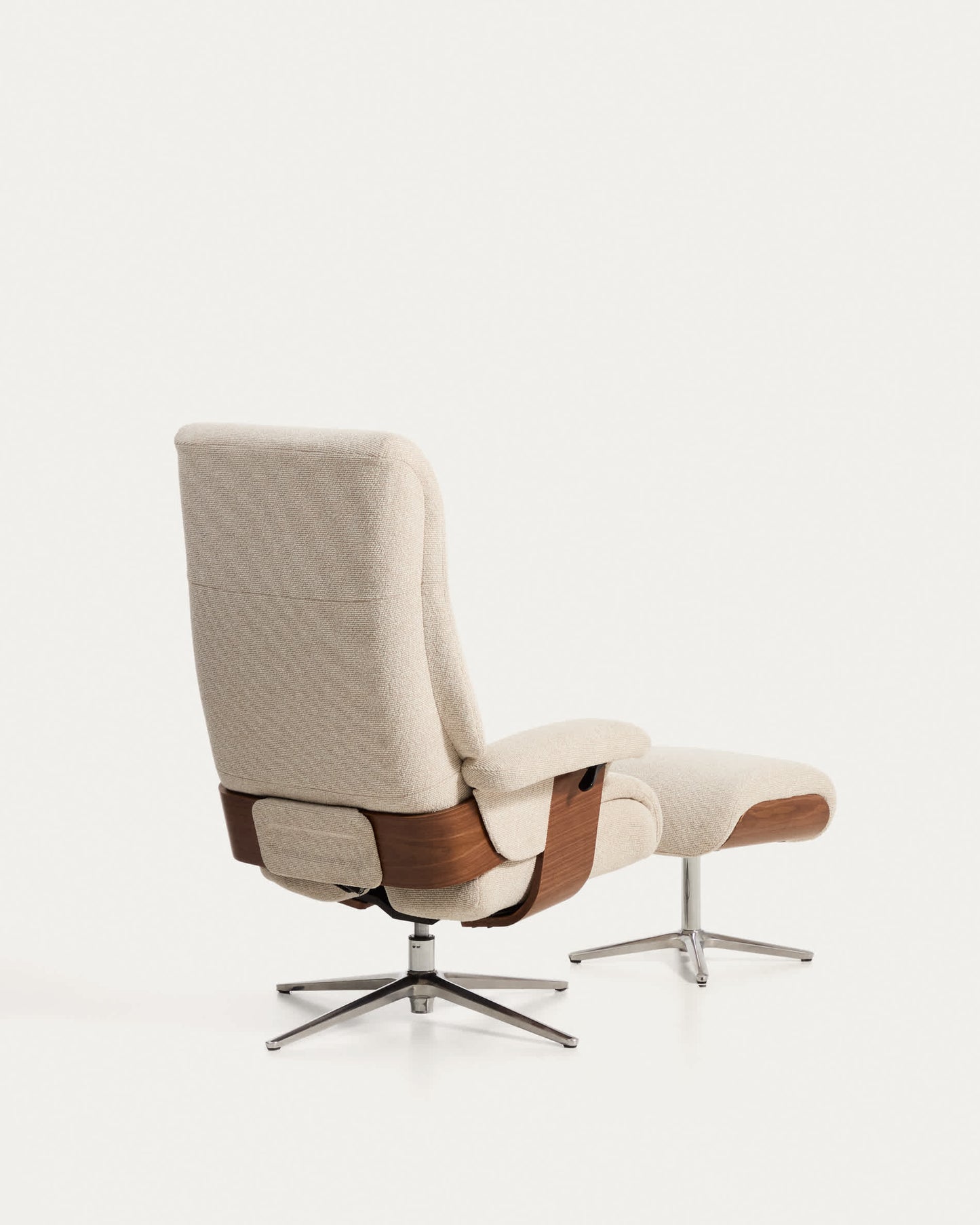 Poltrona girevole reclinabile con poggiapiedi Toriel in micro bouclé beige con gambe in alluminio FSC Mix Credit