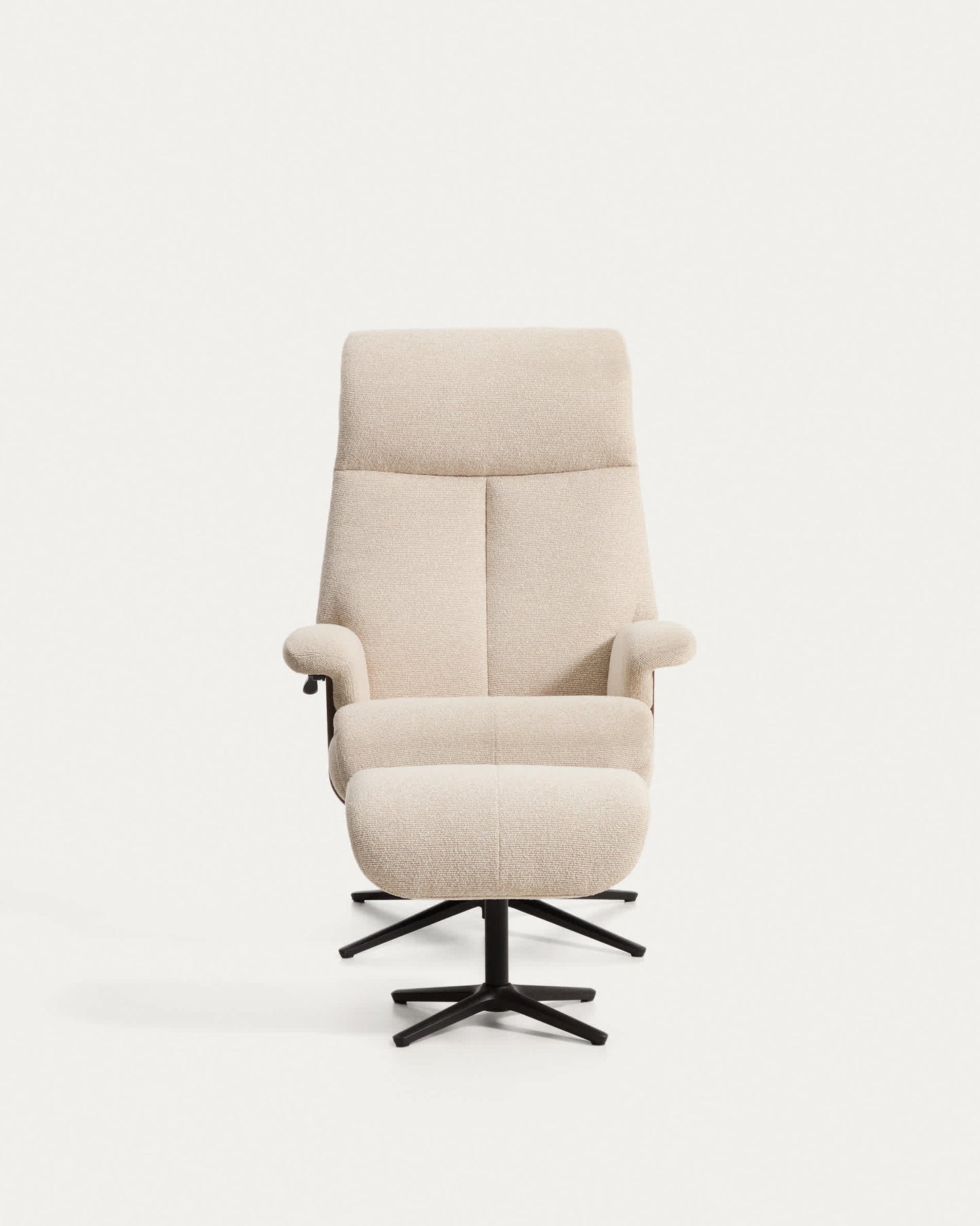 Poltrona girevole reclinabile con poggiapiedi Toriel in micro bouclé beige con gambe in alluminio con finitura nera FSC Mix Credit