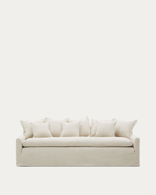 Divano sfoderabile Zenira a 3 posti con cuscini in cotone e lino beige 230 cm