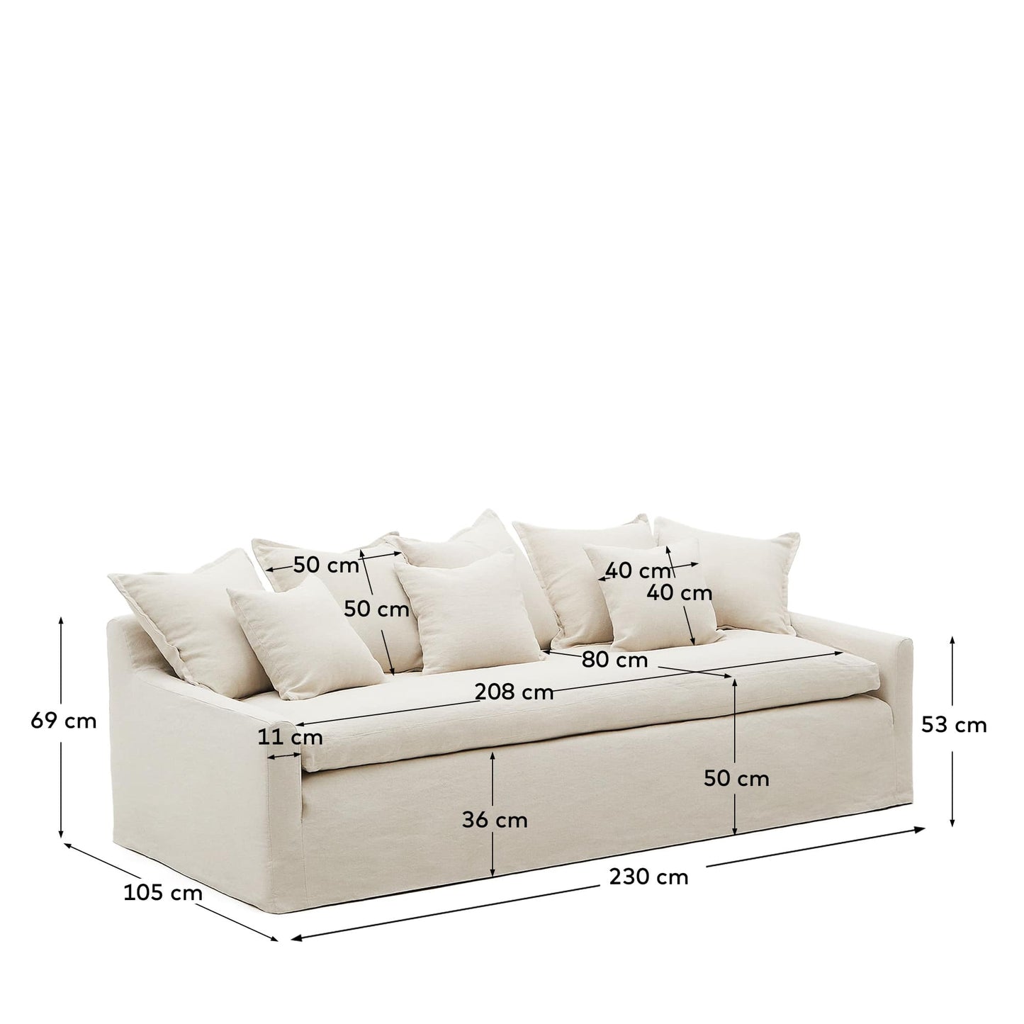 Divano sfoderabile Zenira a 3 posti con cuscini in cotone e lino beige 230 cm